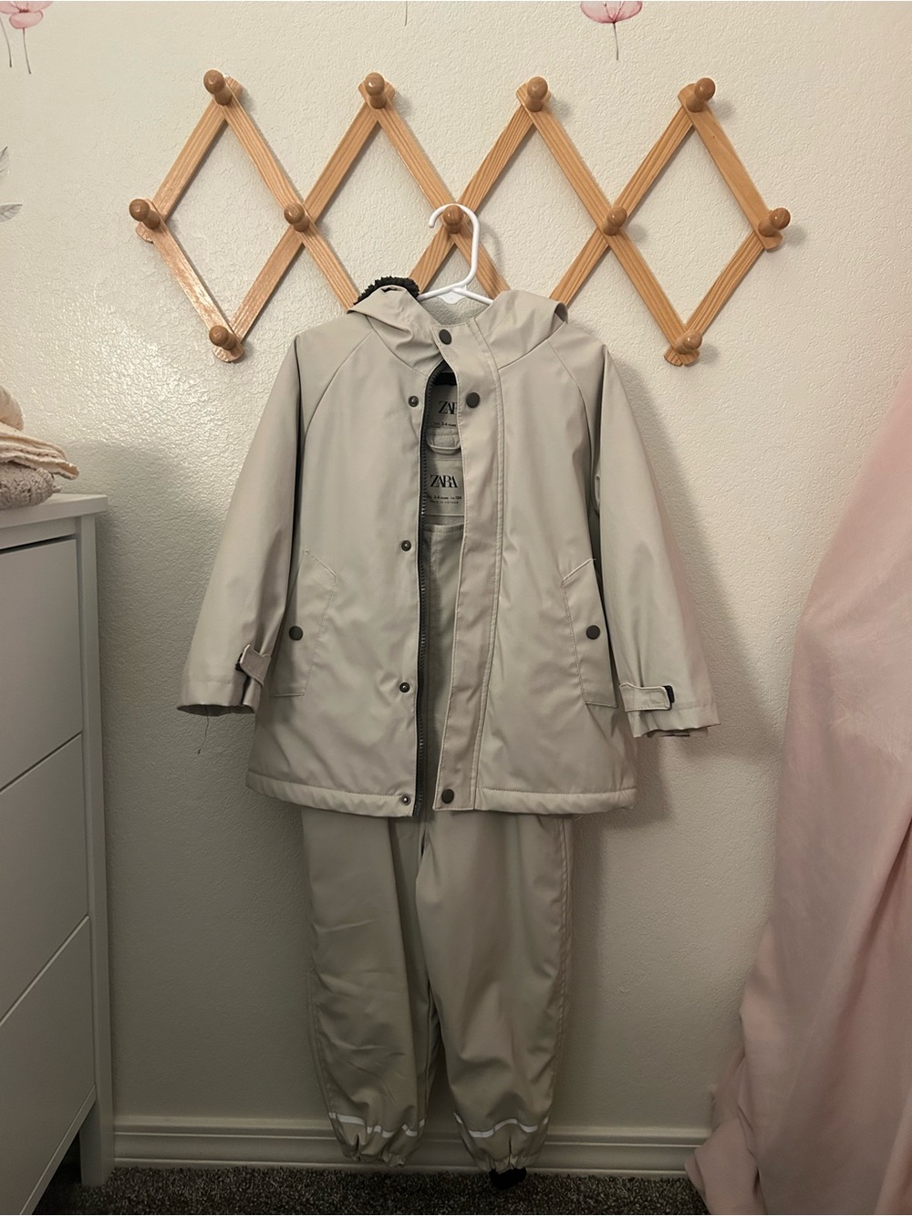 Zara Kids Light Cream Hooded Raincoat and Pants Set